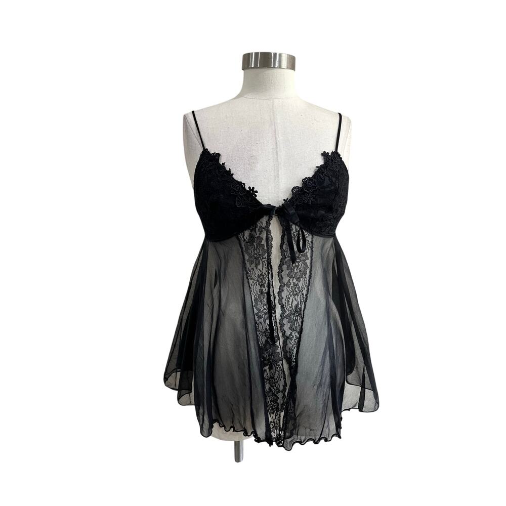 Black Sheer Lace Babydoll Lingerie Vintage Y2K Tie Front Size‎ M